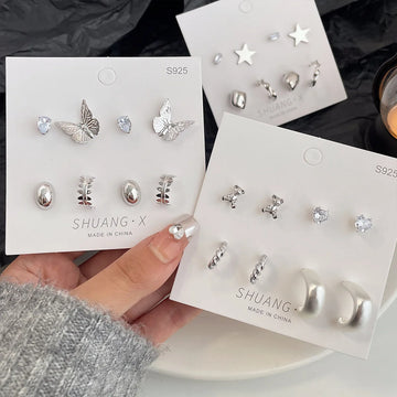 DAIIIBABYYY  -  Silver Plated Elegant INS Style Butterfly Star Stud Earrings Set Women Korean Fashion Simple Geometric Earring Jewelry